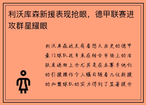 利沃库森新援表现抢眼，德甲联赛进攻群星耀眼