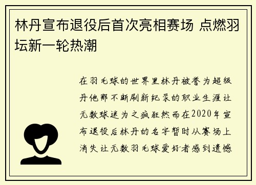 林丹宣布退役后首次亮相赛场 点燃羽坛新一轮热潮