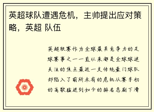 英超球队遭遇危机，主帅提出应对策略，英超 队伍