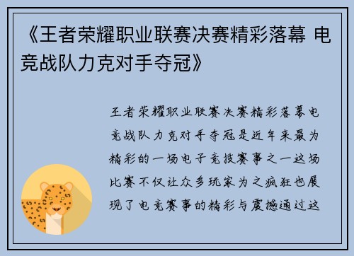 《王者荣耀职业联赛决赛精彩落幕 电竞战队力克对手夺冠》