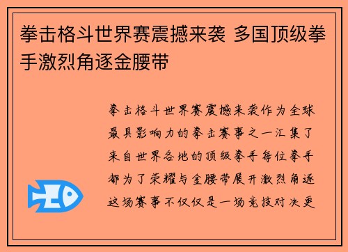 拳击格斗世界赛震撼来袭 多国顶级拳手激烈角逐金腰带