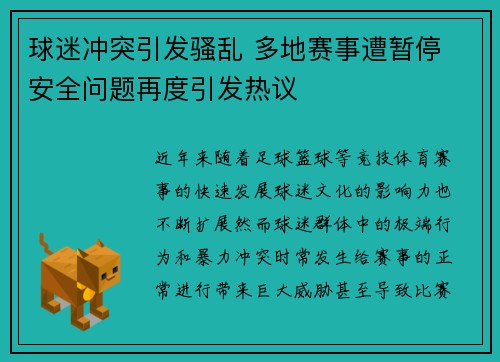 球迷冲突引发骚乱 多地赛事遭暂停 安全问题再度引发热议