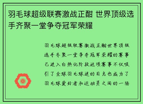 羽毛球超级联赛激战正酣 世界顶级选手齐聚一堂争夺冠军荣耀